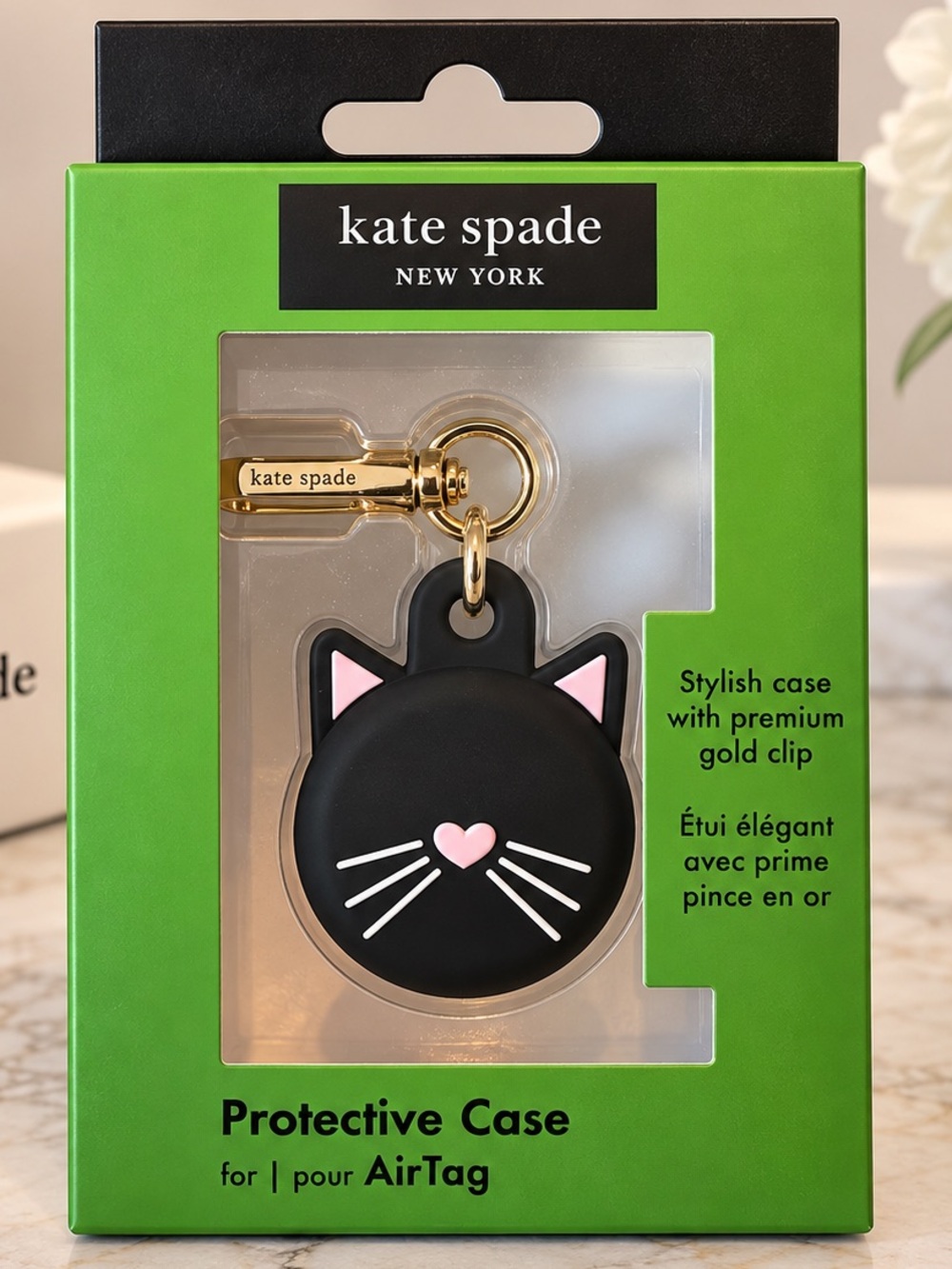 Kate Spade - Protective AirTag Case - Unique Cat Design - Black